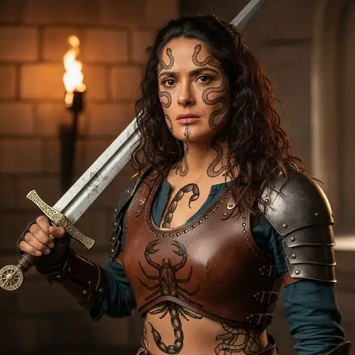 Fierce Medieval Soldier | Leather Attire | Snake and Scorpion Tattoos