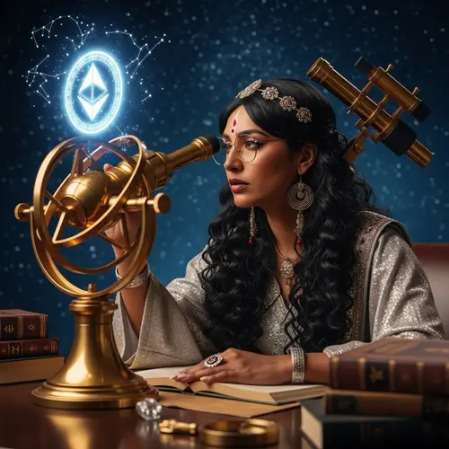 Futuristic South-Asian Astrologer with Cryptocurrency Symbol