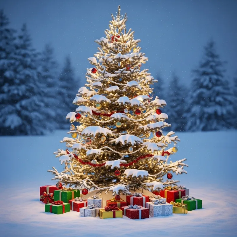 Snowy Christmas Scene with Decorated Fir Tree, Gifts & Festive Spirit
