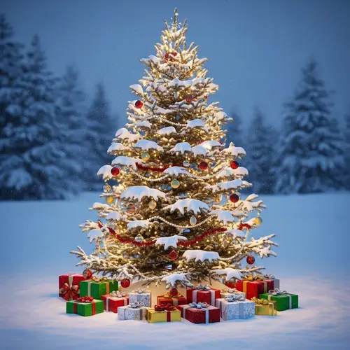 Snowy Christmas Scene with Decorated Fir Tree & Presents