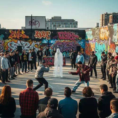 Ethereal Woman Ghost Smiling: Rooftop Graffiti Hipster Fashion