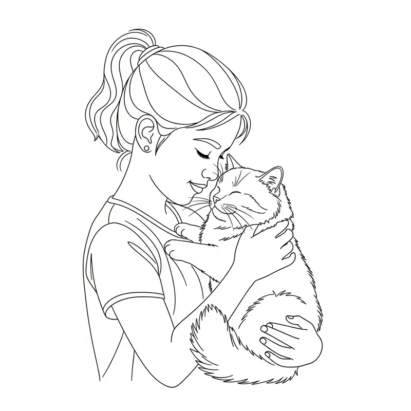 Simple Line Drawing of a Girl Holding a Cat
