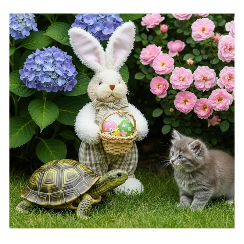 Endearing Easter Bunny, Green Turtle & Kitten Image