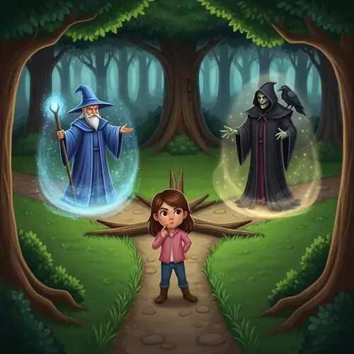 Girl at Crossroads: Fantasy Choice Between Magician and Necromancer