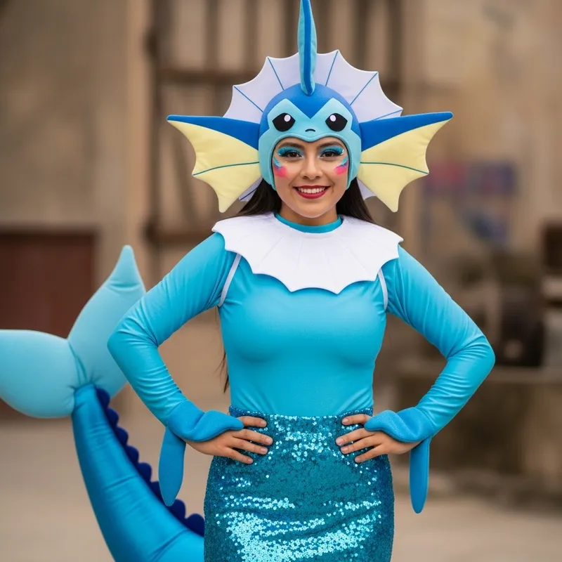 Hispanic Woman in Vaporeon Cosplay | Vibrant Water-themed Costume Hispanic Woman in Vaporeon Cosplay | Vibrant Water-themed Costume