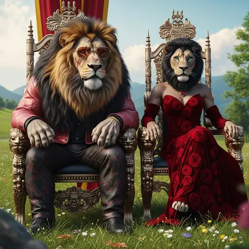 Majestic Lion Couple in Rose-Red and Black Attire | Fantasy Art