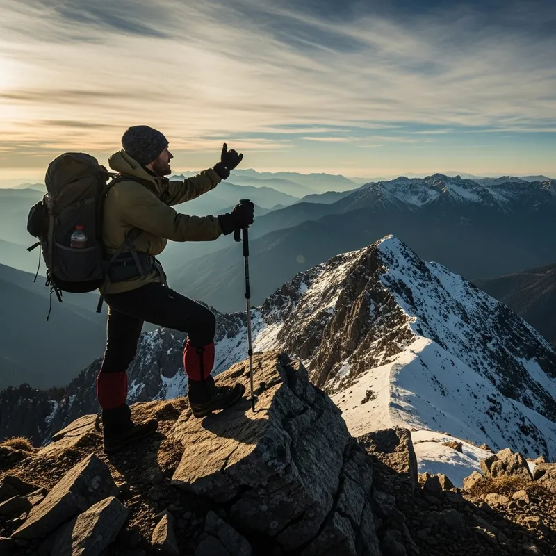 Hiker with Backpack and Trekking Pole at Mountain Summit, Gazing into the Distance