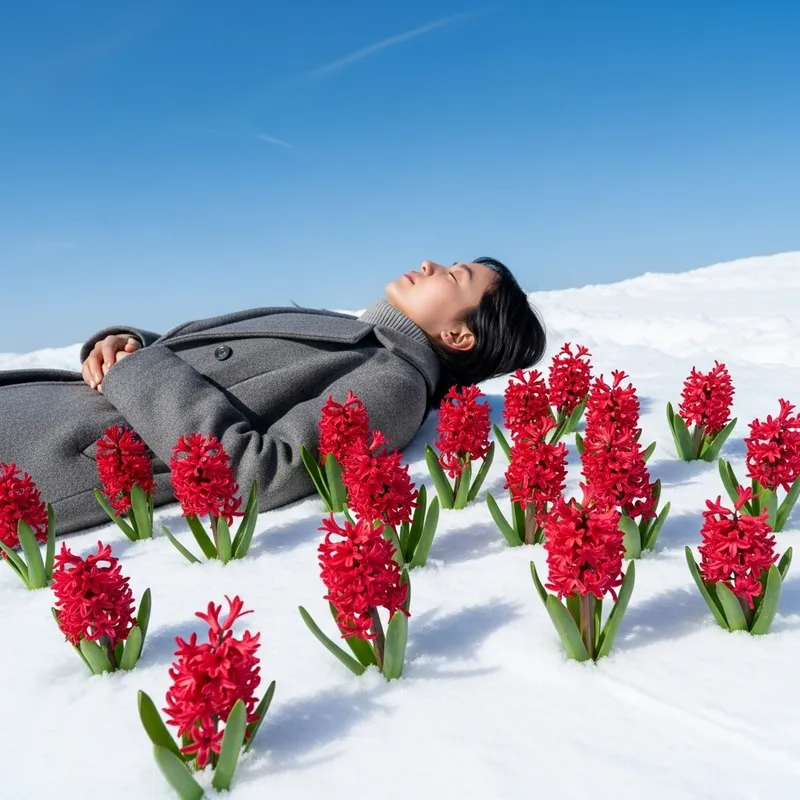 Young Woman Resting on Snow Surrounded by Blooming Red Hyacinth Flowers