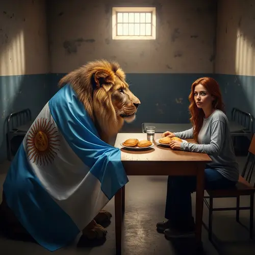 Lion in Argentina Flag Sharing Meal with Red-Haired Woman