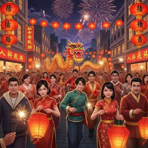 Chinese New Year Celebration: Festive Crowd, Dragon Parade & Fireworks