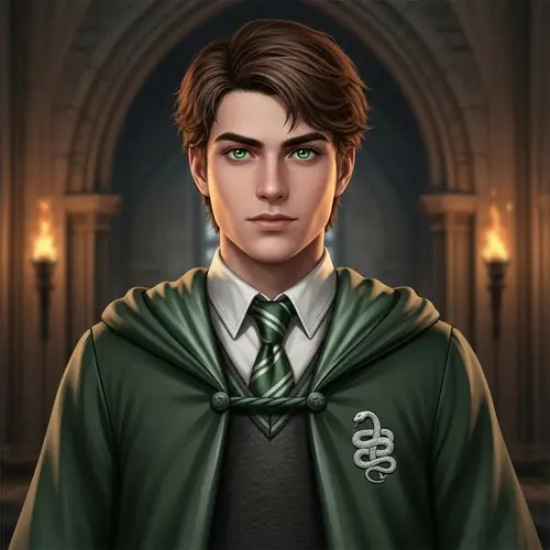 Teenage Male with Striking Green Eyes in Slytherin Uniform