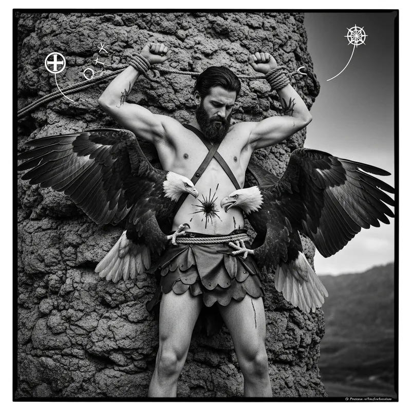 Prometheus vs Eagle: Mythical Struggle in Intense Monochrome Image