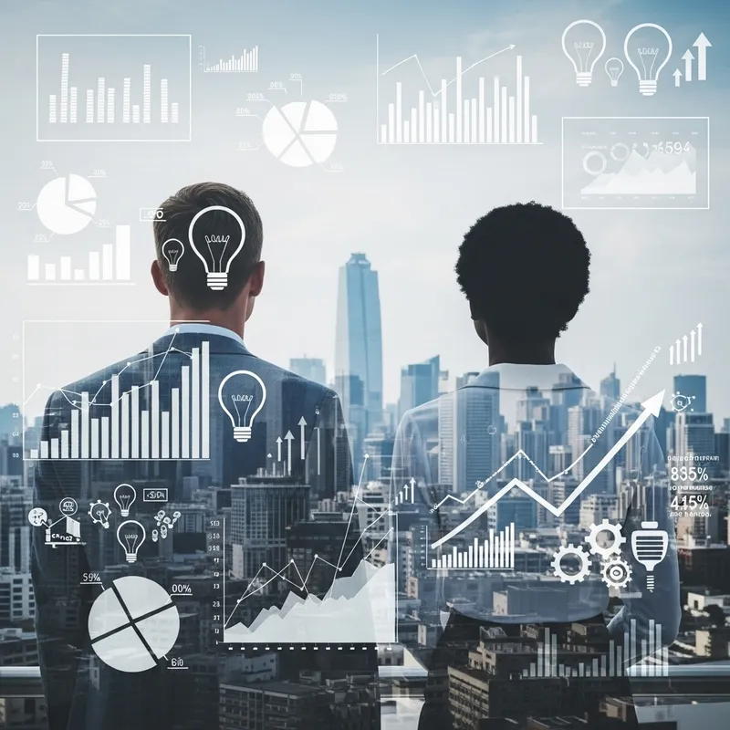 Business Man and Woman Double Exposure: Cityscape & Charts