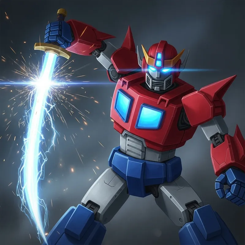 Gigantic Red and Blue Robot Wielding Glowing Sword - Retro 80s Toy Design
