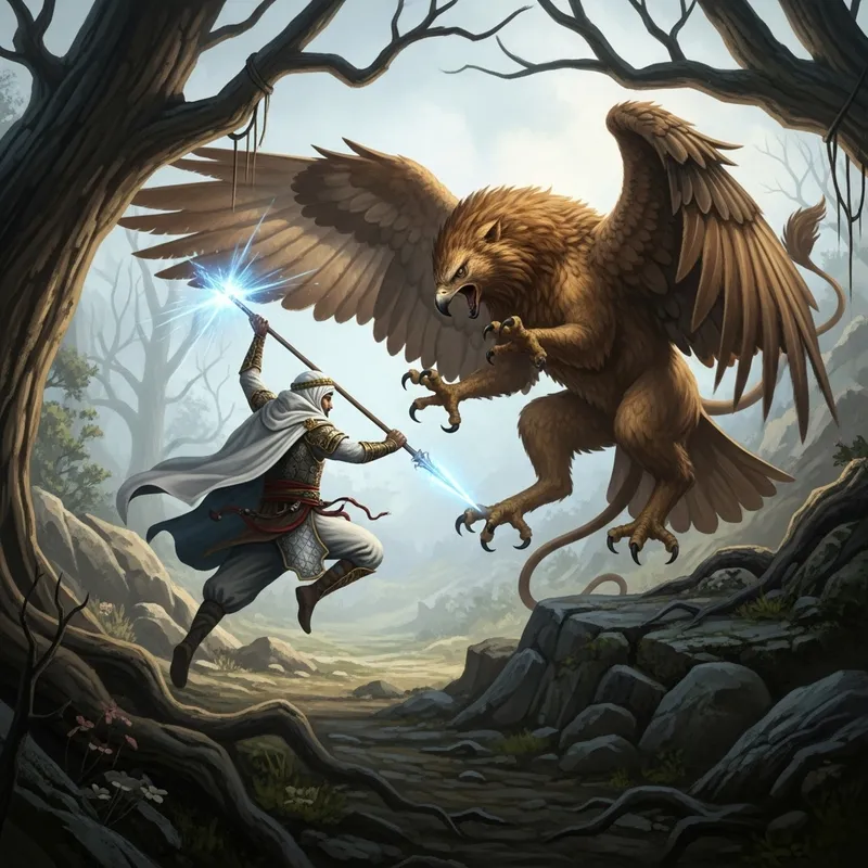 Intense Battle: Mystical Warrior vs Majestic Griffin