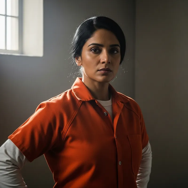 Visually Striking South Asian Woman in Orange Prison Uniform