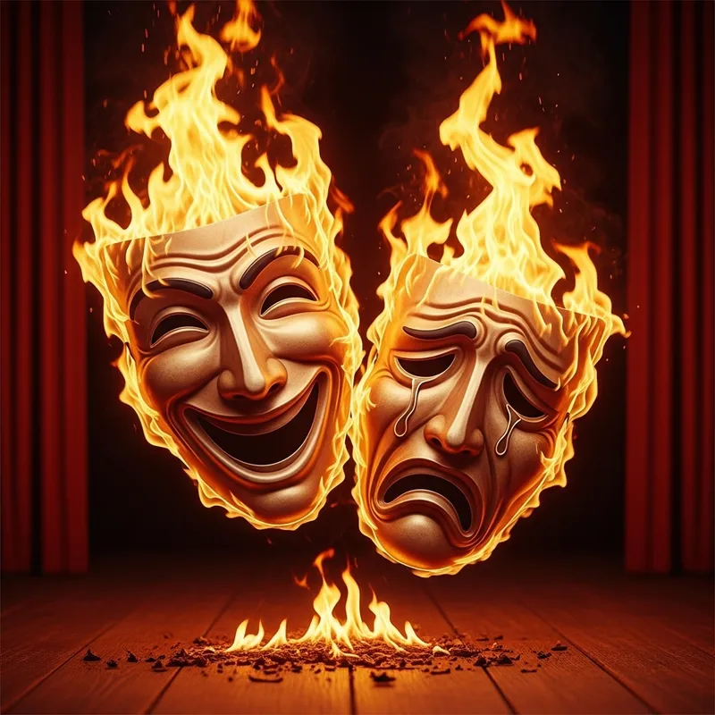 Comedy and Tragedy Theatre Masks Engulfed in Flames