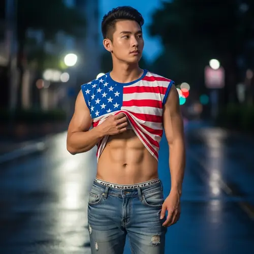 Young Asian Man in Stylish American T-shirt | Summer Night Style