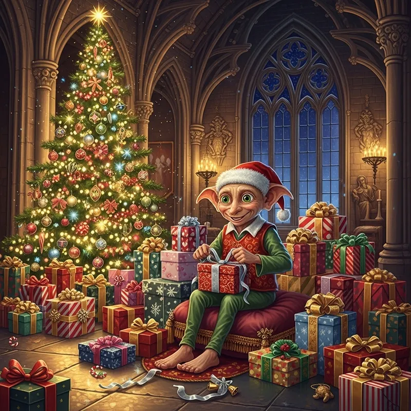 Happy Dobby Prepares Christmas Presents at Hogwarts