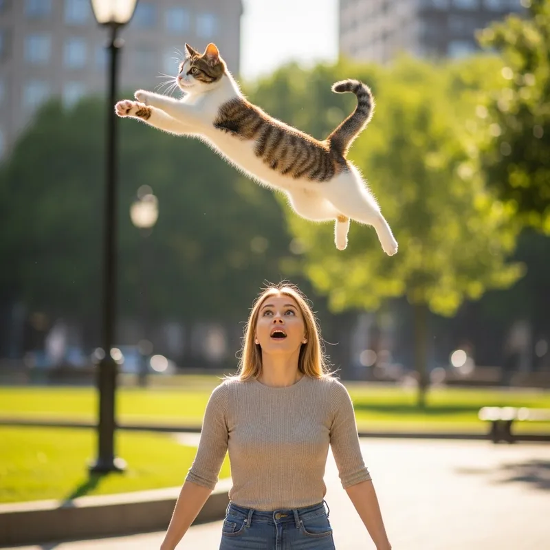 Playful Calico Cat Jumps Over Person in Urban Park