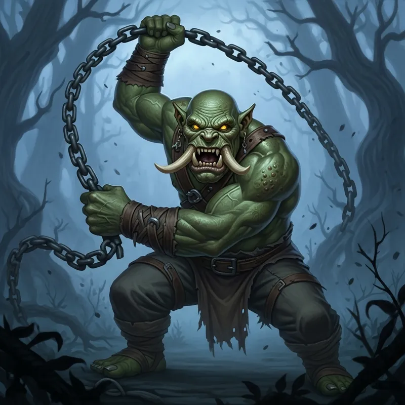 Menacing Ogre Swinging Iron Chain in Forest