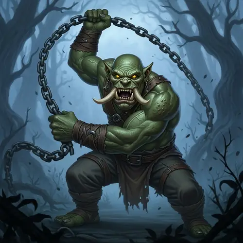 Dangerous Green Ogre in Misty Forest Swinging Iron Chain