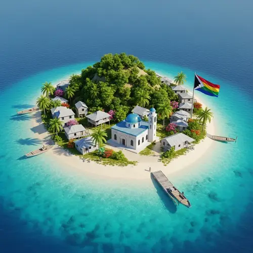 Tranquil Island Village with Mosque and Lush Greenery