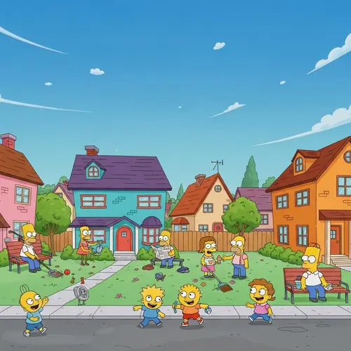 Colorful Suburban Cartoon Scene | Cheery Neighborhood Characters