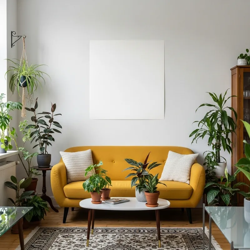 Small Artsy Living Room with Houseplants & Varied Styles | White Poster