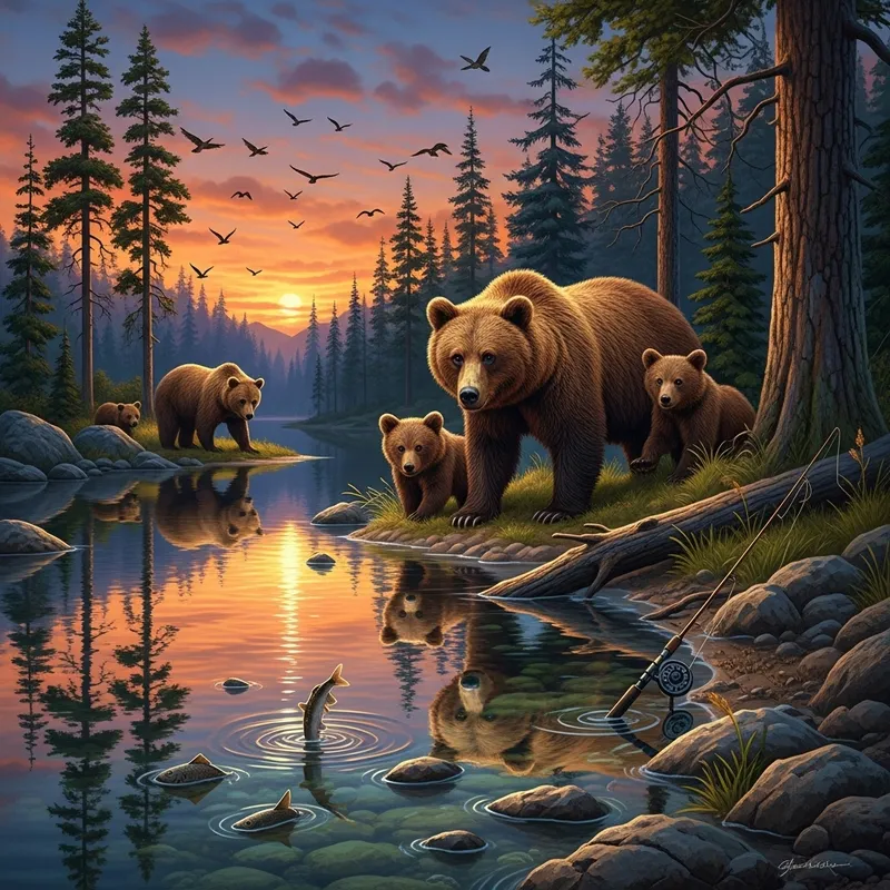 Tranquil Twilight Encounter: Brown Bears in Serene Forest