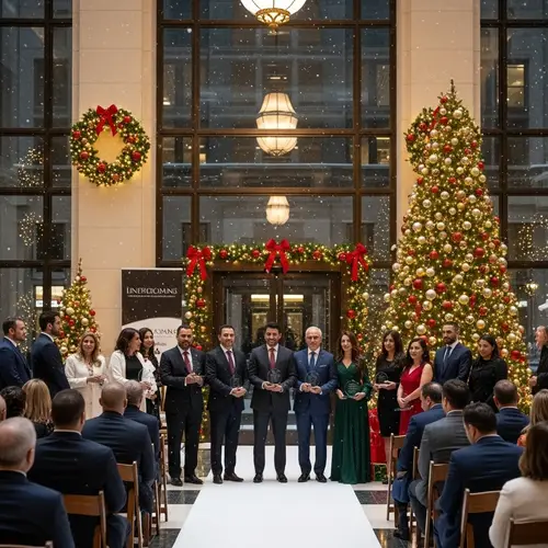 Festive Award Ceremony in Grand Lobby | Diverse Attendees & Holiday Decor