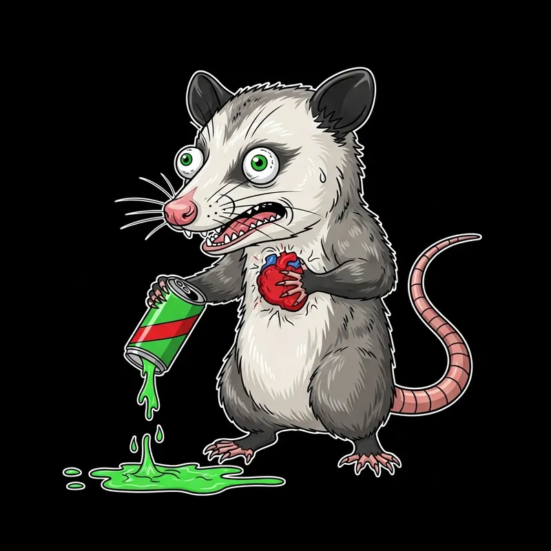 Comedic Possum Caricature: Mountain Dew Drink Overdose Drama