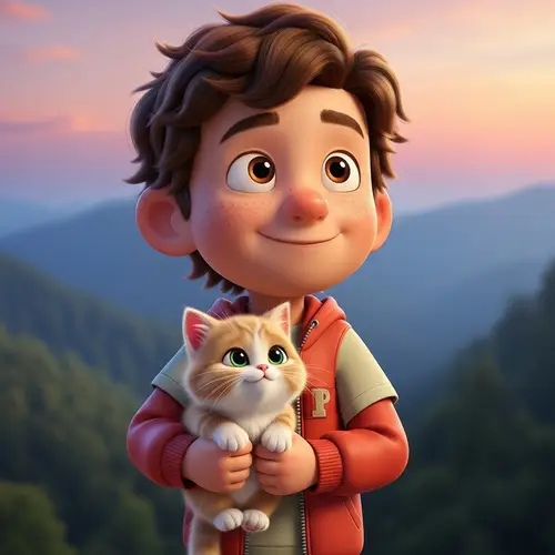 Youthful Pixar Style Boy with Chestnut Brown Hair and Blonde Kitten