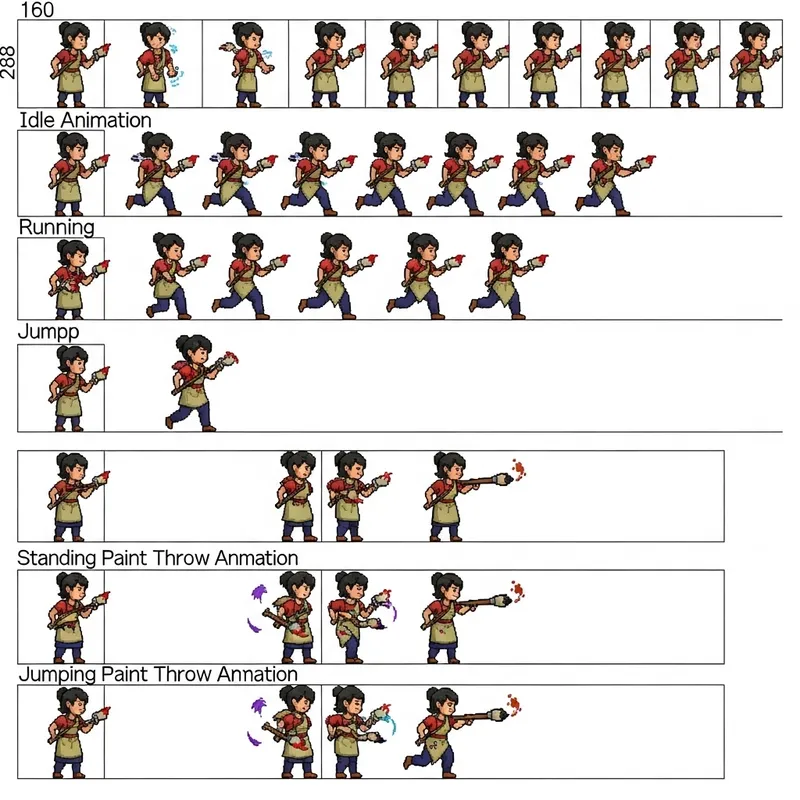 Detailed Pixel Art Sprite Sheet for Female Artist in a Video Game