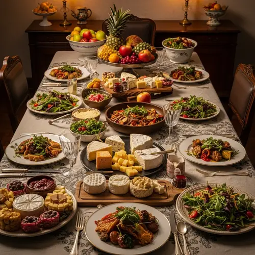 Exquisite Feast: Gourmet Cheeses, Succulent Dishes & More