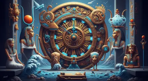 Surreal Canvas: Clockwork & Egyptian Symbols with Modern Cyber Features