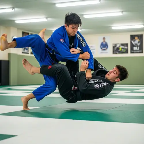 Brazilian Jiu-Jitsu Match on Checkered Dojo Mat