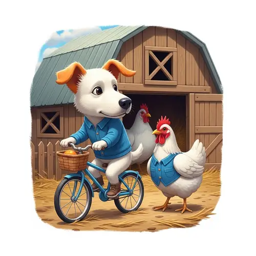 White Dog with Orange Ears Riding Bicycle | Dog and Chicken Friendship