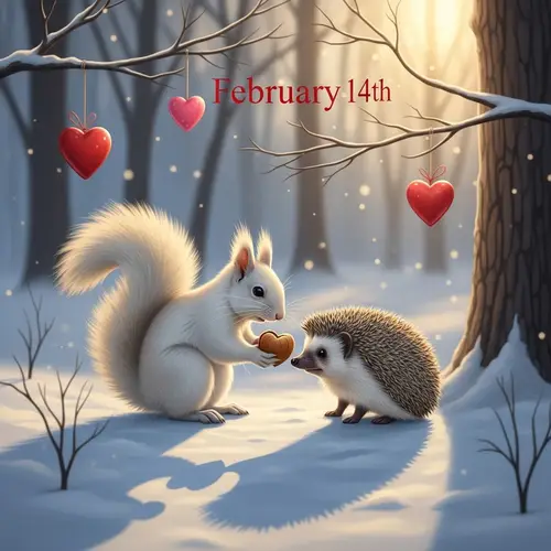 White Squirrel and Hedgehog Valentine's Day Scene in Snowy Forest