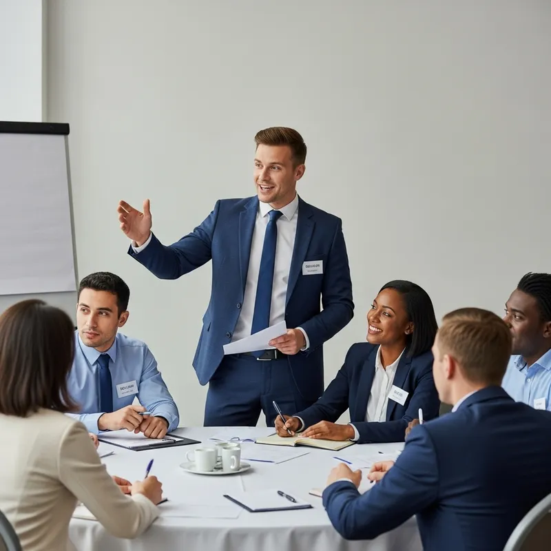 Motivated BNI Member Encouraging New Invites in a Professional Setting Motivated BNI Member Encouraging New Invites in a Professional Setting