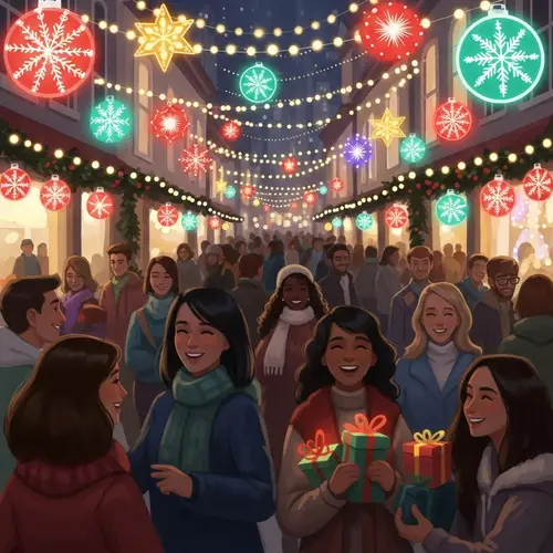 Festive Holiday Scene with Twinkling Lights and Joyful People
