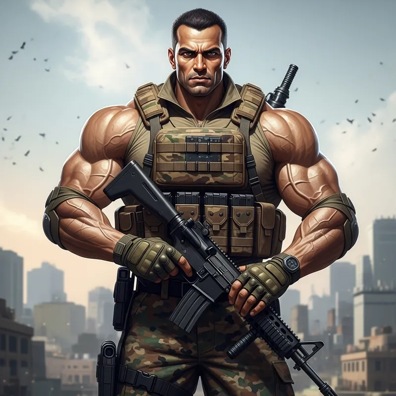 Muscular Modern Mercenary: Strong Warrior in Urban Environments