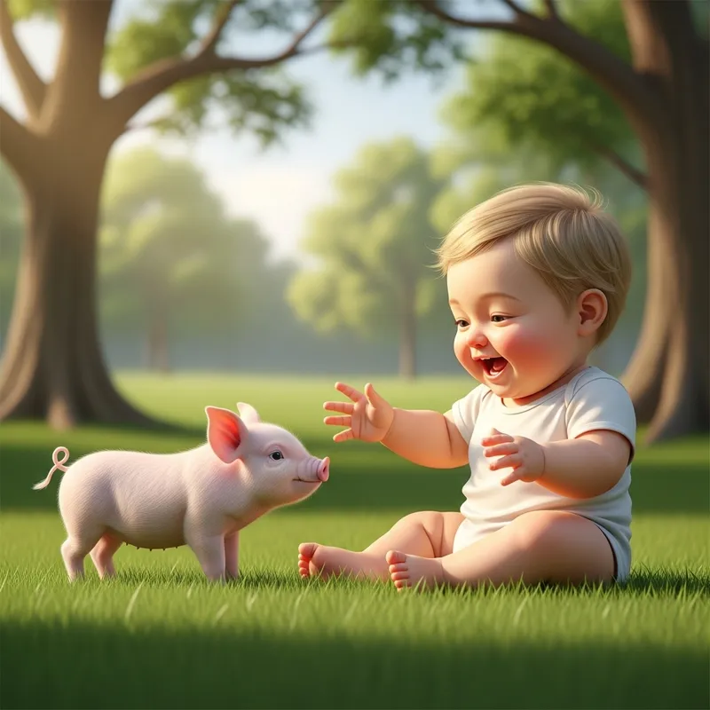 Adorable Baby with Pink Pig - Sweet Interaction Moment