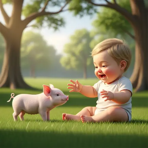 Joyful Baby Playing with Pink Piglet - Cute Interaction Scene