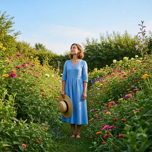 Brown Woman in Garden with Blue Sky and Flowers | 5'7"