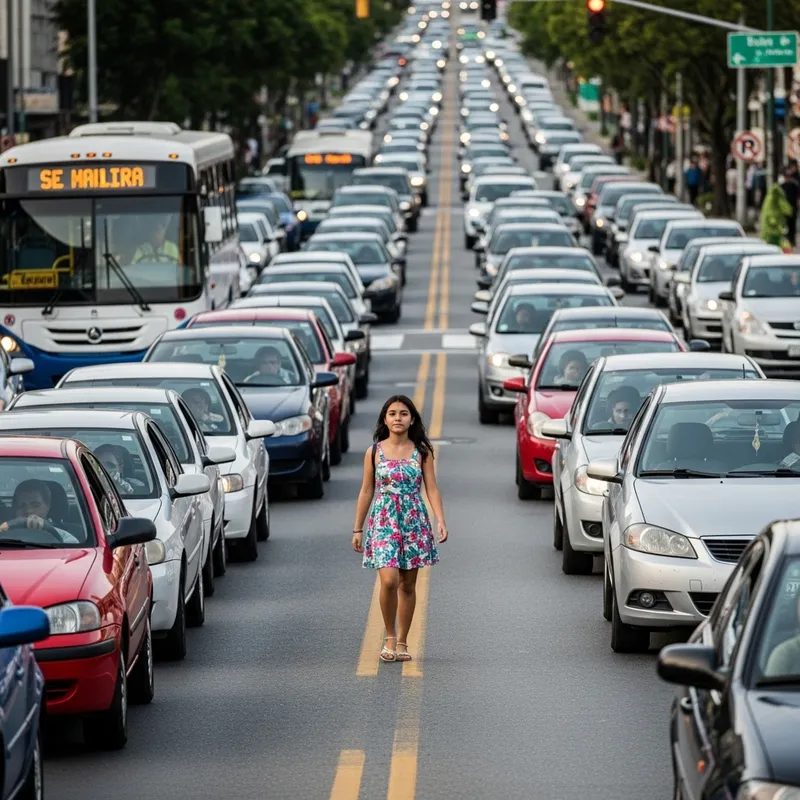 Confident Girl Walking Through Traffic