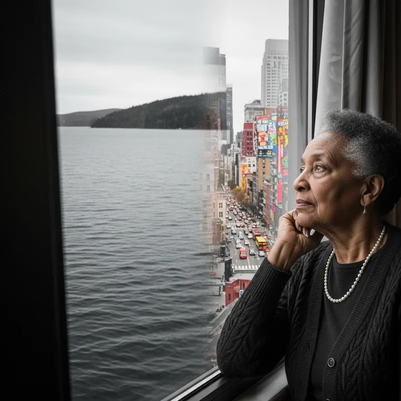 African American Elderly Woman Contemplating Nature and City Life