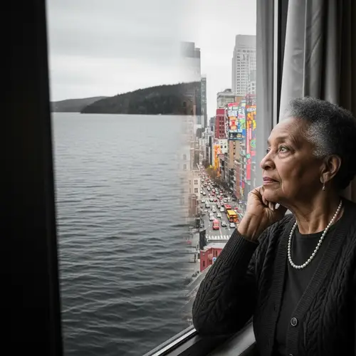 Contemplative African American Elderly Woman by Serene Lakeside and Vibrant Cityscape