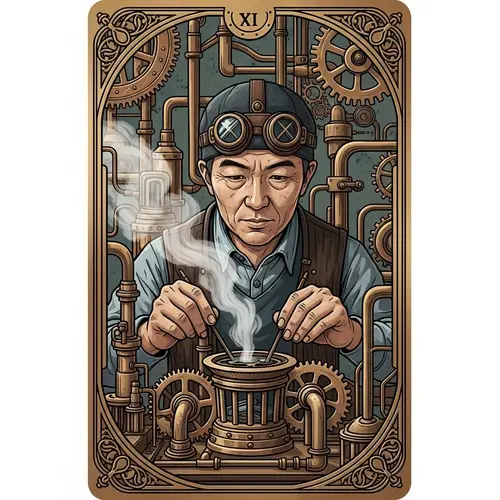 Steampunk Asian Inventor on Tarot Card