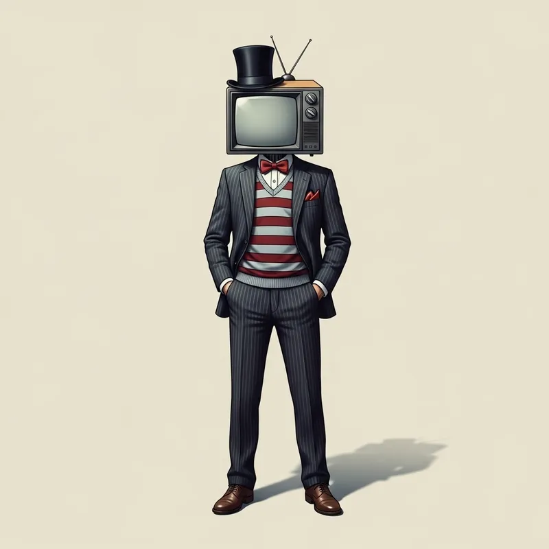 Eccentric TV-Head Boy in Striped Sweater & Bow Tie Suit